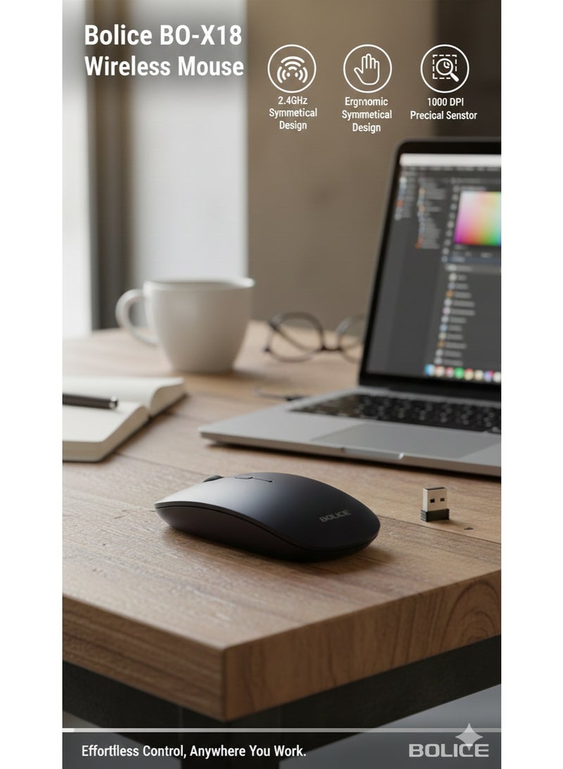 Bolice BO-X18 Slim Wireless Mouse – 2.4GHz High Precision Optical Mouse with Nano Receiver, 1000 DPI, Ergonomic Symmetrical Design for Laptop, PC, and Mac (Matte Blue/Black) - Image 1